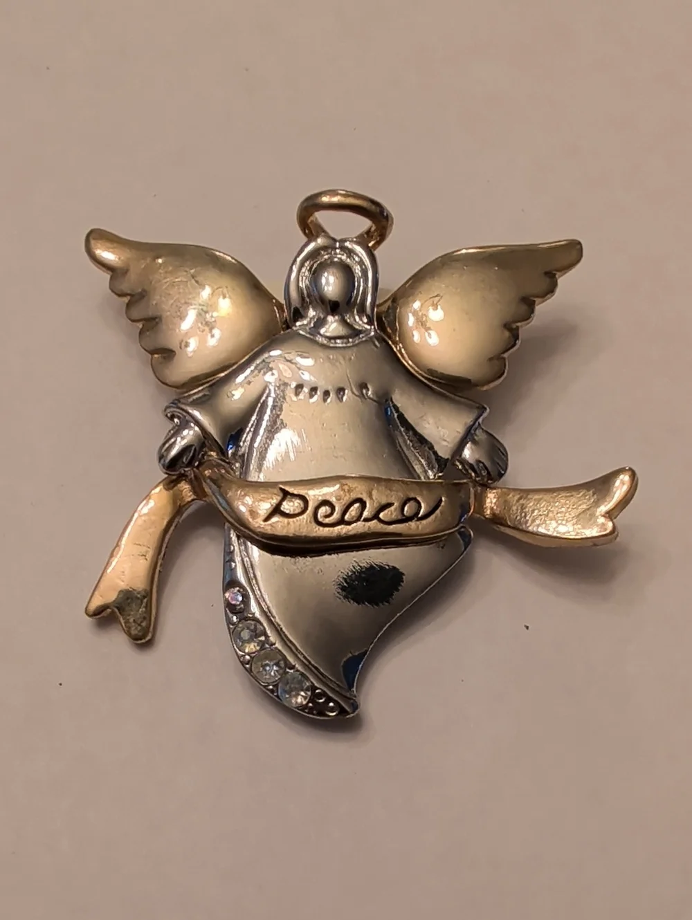 Vintage Gold and Silver Angel Brooch with 'Peace' Banner